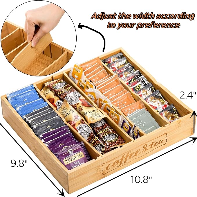 Lyellfe 2 Pack K Cup Holder for Drawers, Bamboo Tea Bag Organizer with Adjustable Dividers, Silverware Utensil Flatware Tray for Coffee Station Home Office, Kitchen