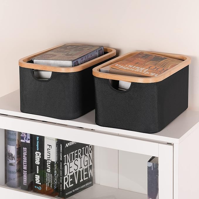 efluky Storage Baskets for Organizing, Fabric Storage Bins with Bamboo Handles, Collapsible Storage Baskets for Shelves and Closet, Black Set of 2