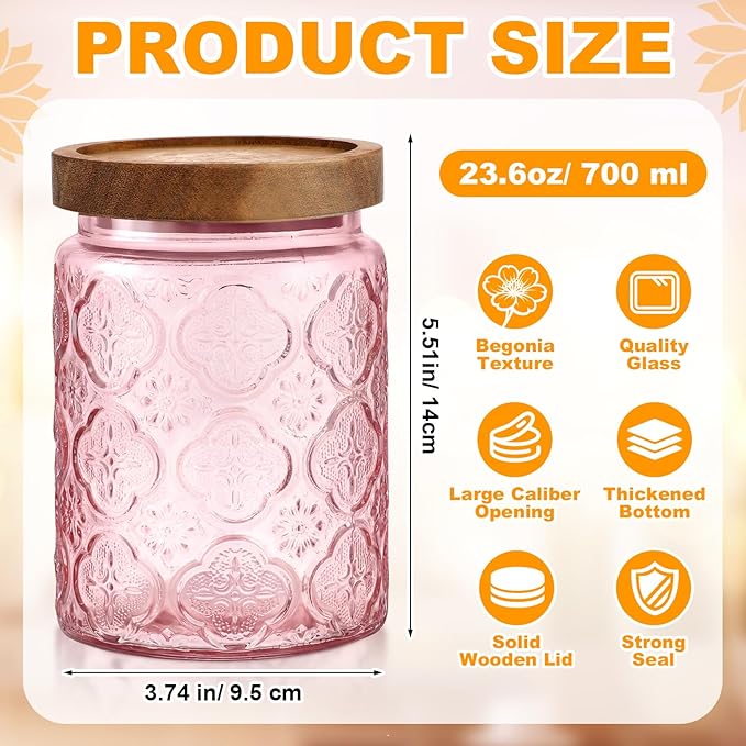 LemonRoad 4 Pcs Vintage Pink Glass Storage Jars 23.7 oz Mason Jar Canister with Wood Lids Food Storage Container for Cookie, Pantry, Candy Kitchen, Coffee, Tea, Flour, Sugar, Decorative Home Decor