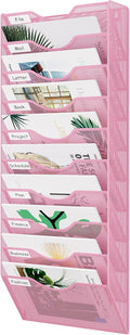 EasyPAG 10 Pocket Mesh Wall File Organizer, Hanging Paper Folder Holder with Classify Label, Vertical Wall Mount Mail Organizer for Office Home Classroom, Pink