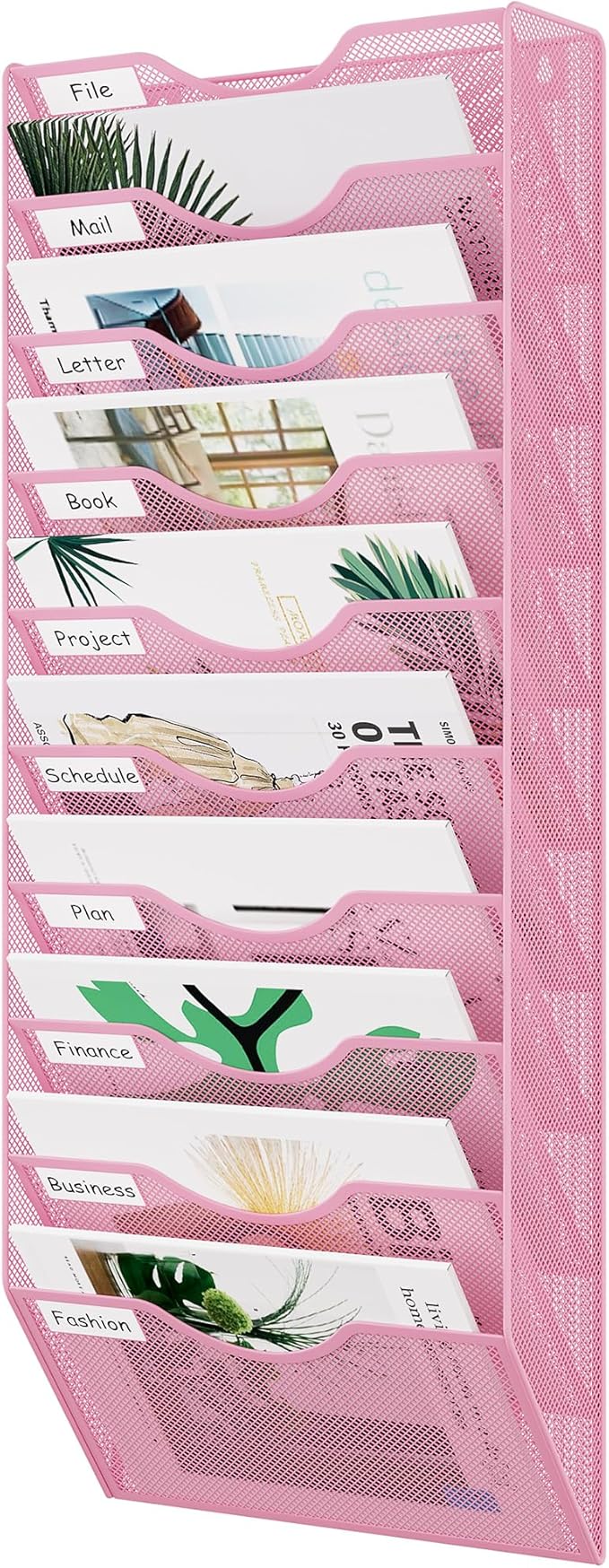 EasyPAG 10 Pocket Mesh Wall File Organizer, Hanging Paper Folder Holder with Classify Label, Vertical Wall Mount Mail Organizer for Office Home Classroom, Pink