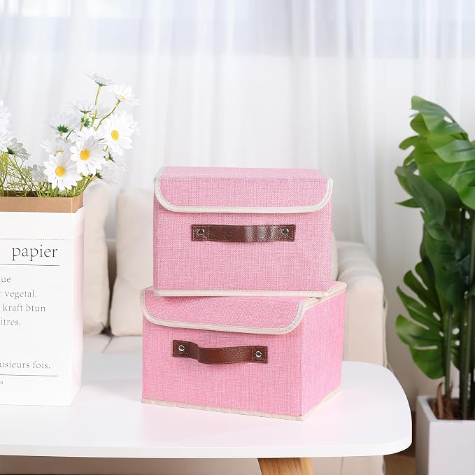 ANMINY 2PCS Storage Bin with Lid Storage Boxes with PU Leather Handles PP Plastic Board Decorative Foldable Lidded Cotton Linen Fabric Home Cubes Baskets Closet Organizer Container - Pink, Medium
