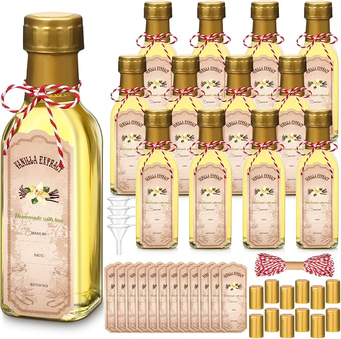 Tioncy 12 Pcs Vanilla Extract Bottles for Homemade Vanilla Jar Glass Square Bottle with Cap Shrink Band Sticker Syrup Food Storage Canister for Liquids Bean Sauce Spice Gift Giving(Gold,5 oz)