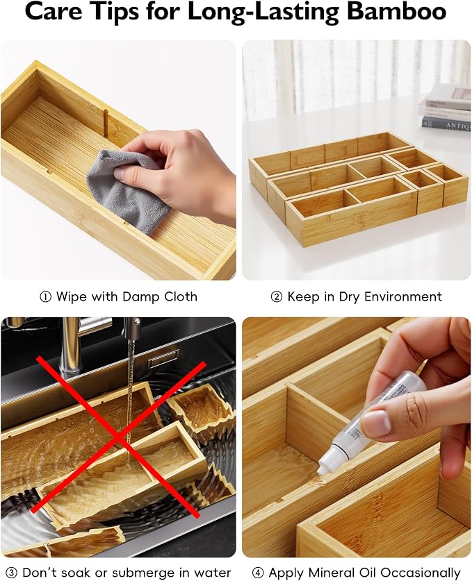 Bamboo Drawer Organizer Set, 6 PCS Desk Drawer Organizer Trays with 12 Compartments, Wood Storage Boxes for Junk Drawer, Kitchen Utensils, Office Supplies, Makeup, Jewelry, Bathroom