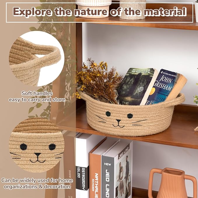 Small Storage Basket, Cute Baskets for Cat Toys, Woven Doy Toy Box Empty Gift Bin for Organizing, Jute, 9.8 x 4 inches