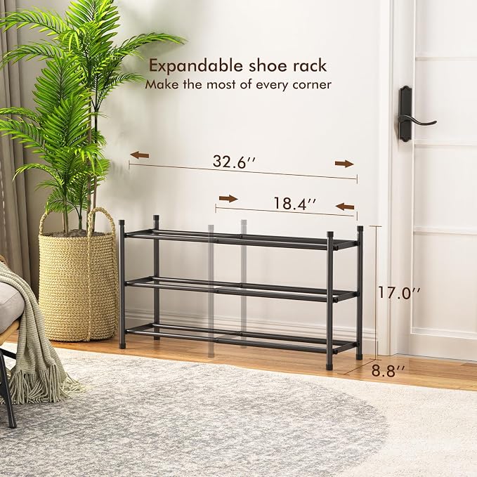Uneviesyka Expandable Shoe Rack, 3 Tier Shoe Rack for Closet, Stackable Adjustable Standing Metal Shoe Shelf Organizer Storage, Small Shoe Racks for Front Door Entrance、Entryway(Black)