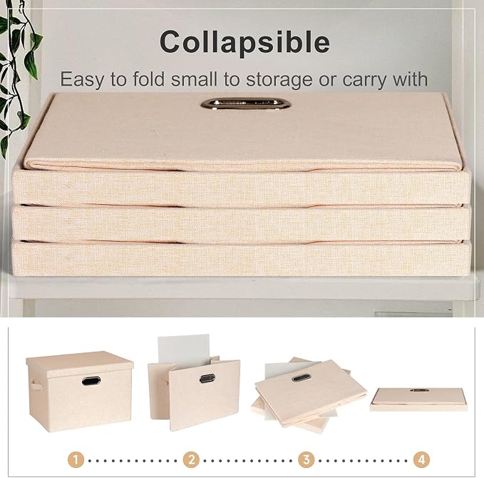 Graciadeco Large 17" 36 Quart Collapsible Stackable Storage Bins with Lids, 3 Packs Light Orange Linen Fabric Closet Boxes with Lids, Storage Cube Baskets Container Organizers for Office (17x12x11)