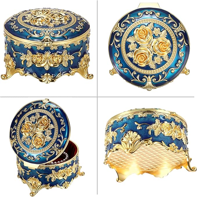 Hipiwe Vintage Jewelry Box Metal Keepsake Box Round Treasure Storage Case for Ring Earrings Necklace Holder Wedding Birthday Gift for Woman, Blue, 5.7" L x 5.1" W x 3.5" H