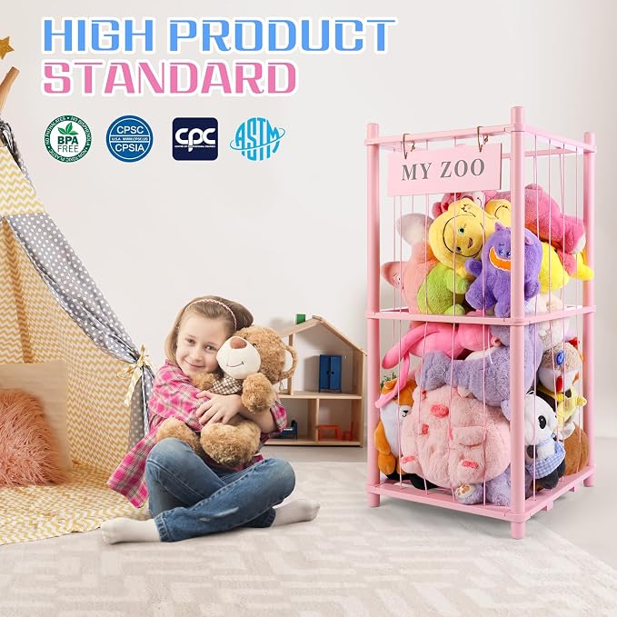 GLDZI Stuffed Animal Storage Zoo, Wooden Stuffed Animal Organizer with Elastic Cords for Boys Girls, Space Saving Toy Plushies Storage Holder for Playroom, Bedroom, Living Room (Pink, Small)