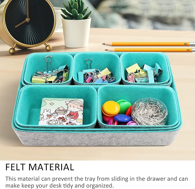 Newthinking Desk Drawer Organiser Trays, 8 Pack Square Organizer Box Stackable Dividers, Save Desk Space Dividers Box for Home Office Cosmetics Storage Boxes (Teal)