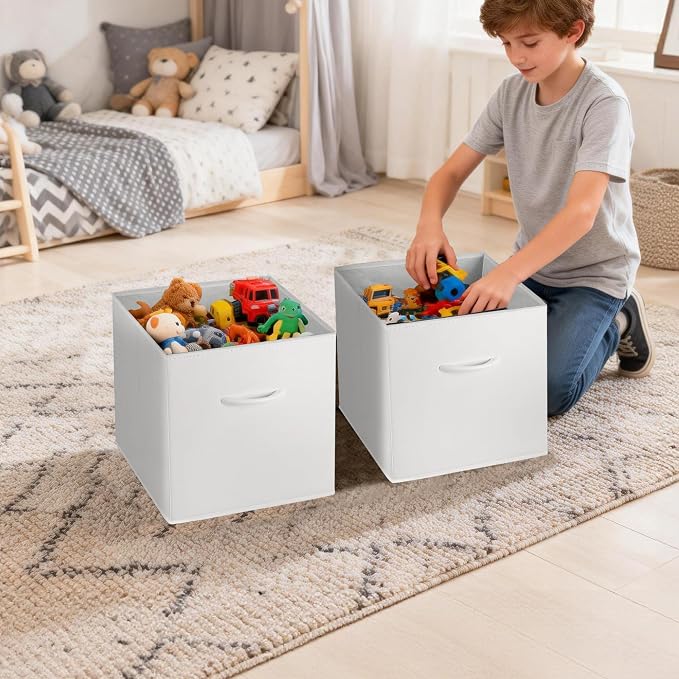 WUIKE 11-Inch White Cube Storage Bins, Leather Front, 4-Pack | Collapsible Cubby Organizer Baskets with Handles for Shelves, Closets, Bedrooms, and Rooms