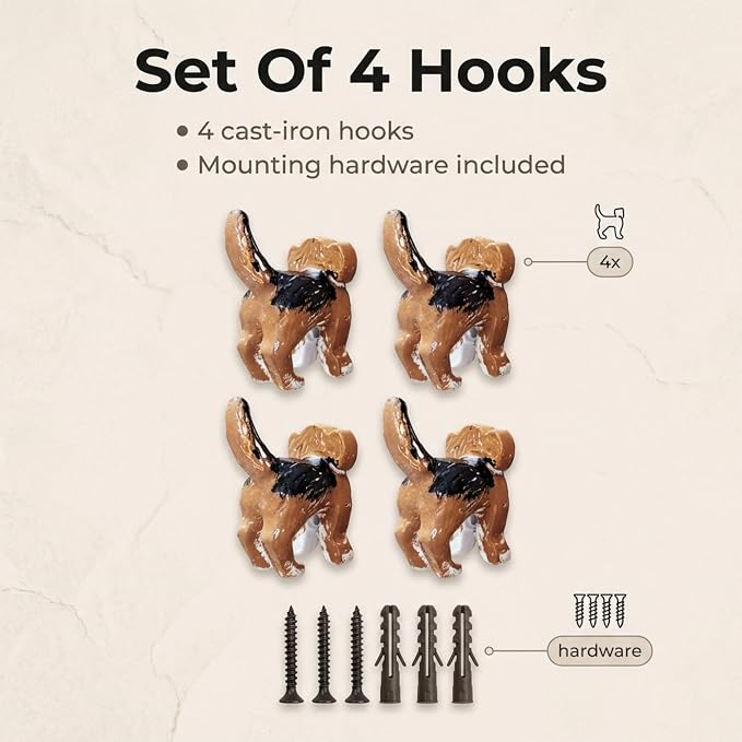 Lulu Decor, Cast Iron Beagle Dog Heavy Duty Key Loose Hook (4 Dog Tail Hooks)