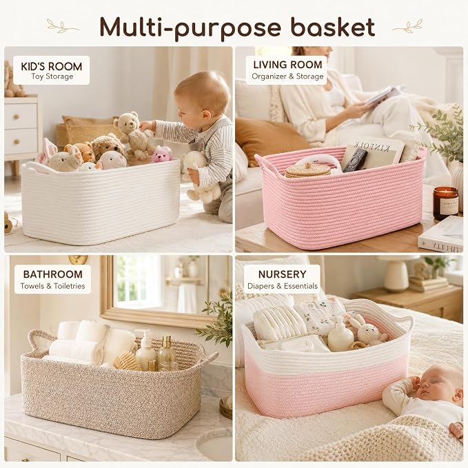 OIASKET Large Empty Cotton Rope Gift Basket with Handles, 16.5"x12.6"x7" Decorative Woven Storage Basket with Gift Bag and Ribbon Set for Baby Shower, Toy Organizer for Kids, Dogs & Cats - Pink