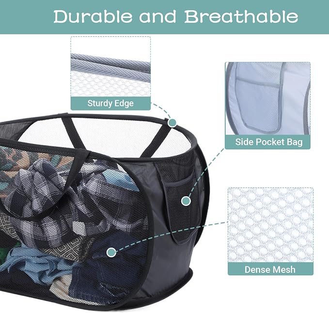 4 Pcs Popup Mesh Laundry Basket, Laundry Hamper with Side Pocket Foldable Storage Basket with Durable Handles for Bathroom Travel Dorm