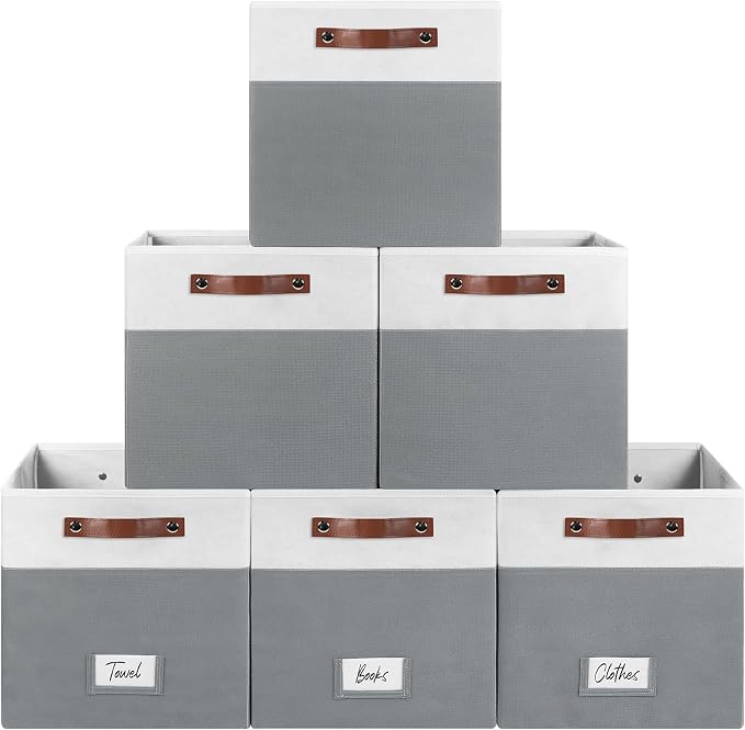 FinishingBo 6-Pack Storage Cubes with Handles & Label Holders Basket, Closet Cube Home Organizer Bins(White/Dark Grey, 13 x 13 x 13 inch)
