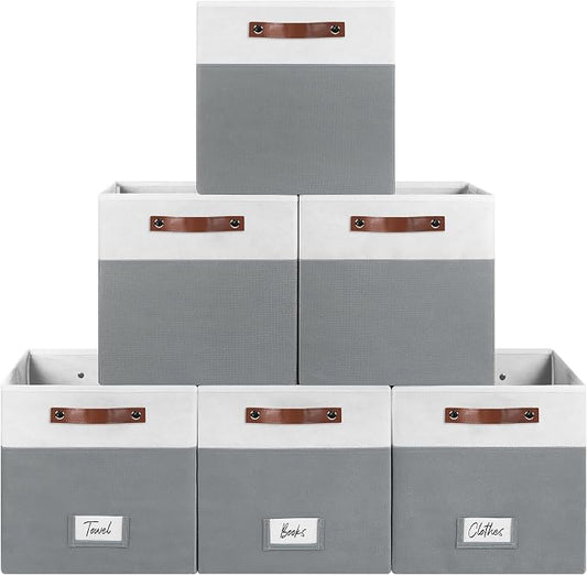 FinishingBo 6-Pack Storage Cubes with Handles & Label Holders Basket, Closet Cube Home Organizer Bins(White/Dark Grey, 13 x 13 x 13 inch)