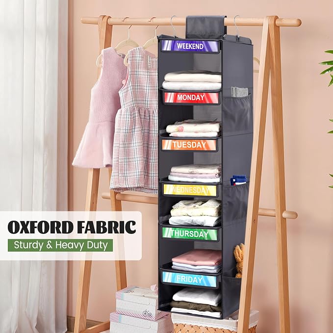 6-Shelf Weekly Clothes Organizer for Kids, Hanging Daily Closet Organization with 6 Side Pockets, Days of The Week Clothing Divider Storage for Boys and Girls (Grey)