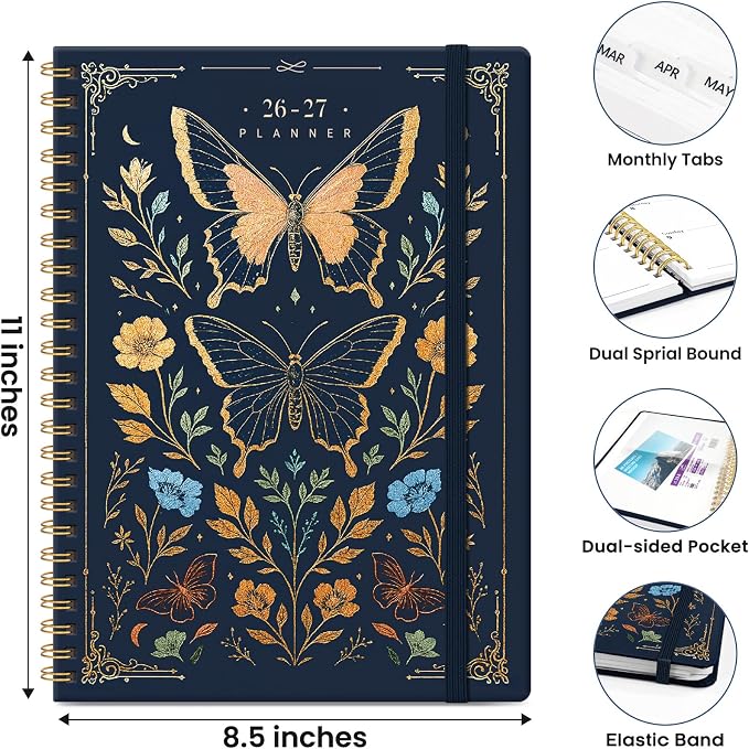 Planner 2026-2027, Hardcover Monthly and Weekly Academic Planner July 2026 - June 2027, Teacher and Student Calendar Agenda Book with Tabs, A4 (8.5" x 11"), Ideal for School and Office, Golden Butterfly
