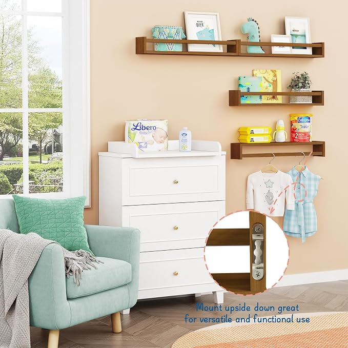 Forbena 24 Inch Wooden Floating Nursery Book Shelves for Wall, Walnut Nursery Bookshelf Wall Mounted for Kids Bedroom, Large Kids Floating Bookshelves for ChildToys Classroom Books Decor (Dark Brown)