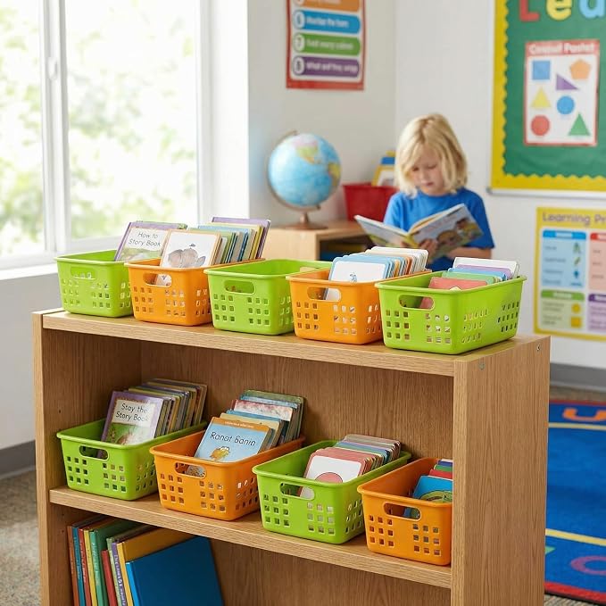 Jucoan 12 Pack Classroom Storage Baskets, Colorful Small Plastic Organizer Basket Bin, Pen Pencil Crayon Storage Tray for Home Office School Desktop, Drawers, Shelves, 4 Colors, 8.5 x 5.5 x 3 Inch