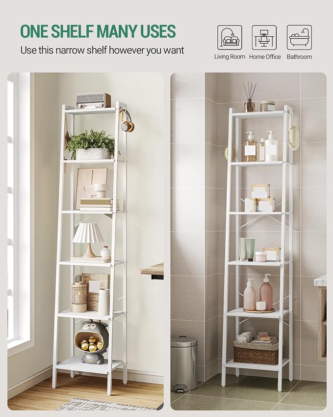 Hzuaneri Ladder Shelf, Bookshelf Bookcase, Freestanding Corner Storage Shelve with 2 Hooks for Home Office, Living Room, Kitchen, Bedroom, Industrial, 6-Tier White BC13313W