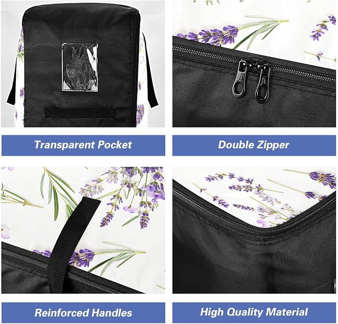 Blueangle Lavender Flowers Clothes Storage Bag Organizer 100L Large Capacity Clothing Storage Containers for Comforters, Blankets, Foldable with Dual Zipper