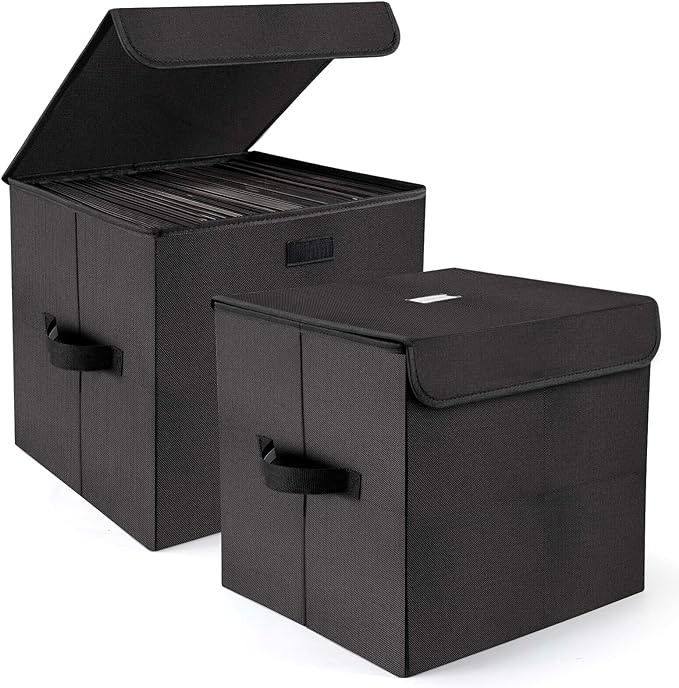 alavisxf xx 12-inch Vinyl Record Storage Box, Nylon Foldable and Stackable Set of 2 Vinyl LP Storage Organizer Case with Lid and Handles Can Hold 180 Single Record (12-inch) | Durable Nylon, Holds 180 Records(90 each), LP Record Organizer, Foldable, Po...