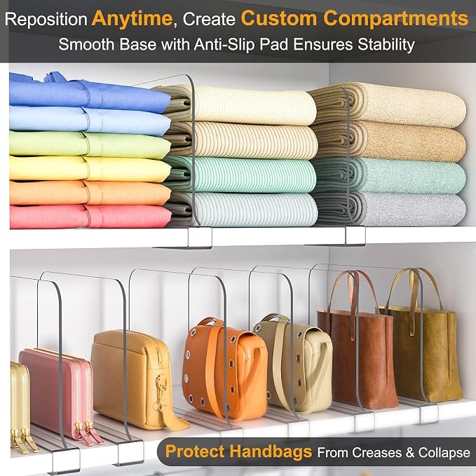 OKPOW Shelf Dividers for Closet Organization - 10 Pack 8" Tall X 12" Deep Acrylic Clear Sturdy Separators for Clothes Purse - Adjustable Removable Easy to Install Storage for Wood Cabinet Housewife