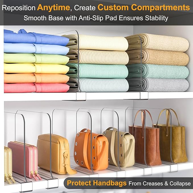 Purse Organizer for Closet Shelf Dividers: 12 Pack 8" Tall X 12" Deep Acrylic Clear Closet Shelf Divider Bag Storage for Clothes Sweater - Vertical Separators for Wood Cabinet Handbag Organization