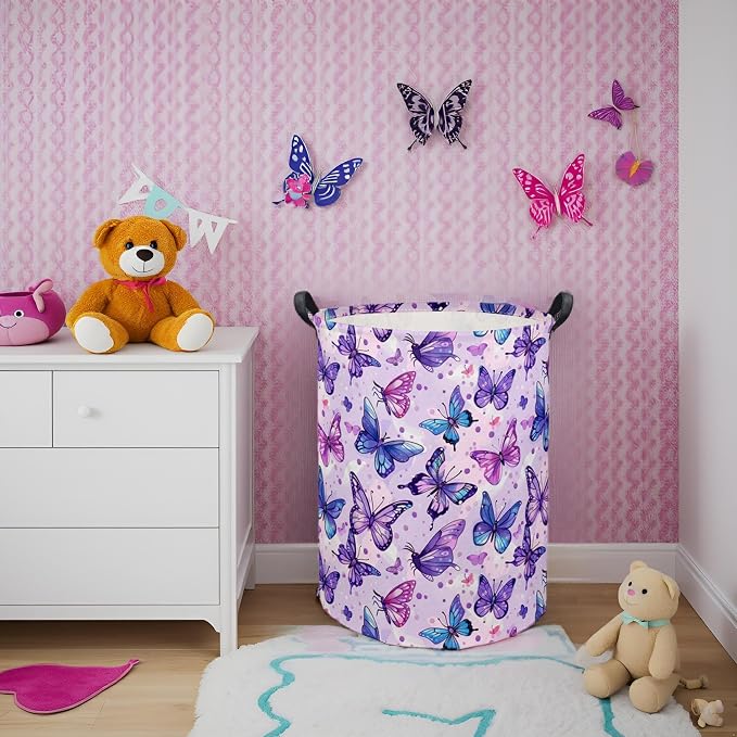 Baby Laundry Basket Baby Hamper for Nursery Girl Kids Butterfly Hamper Cute Kids Storage Bin Organizer Room Decor for Home(Purple Butterfly)