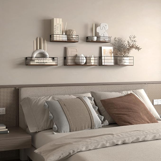 CRUGLA Floating Wall Shelves Set of 5, Wall Mounted Bathroom Shelves, Hanging Storage Shelf for Bathroom, Kitchen, Bedroom, Living Room