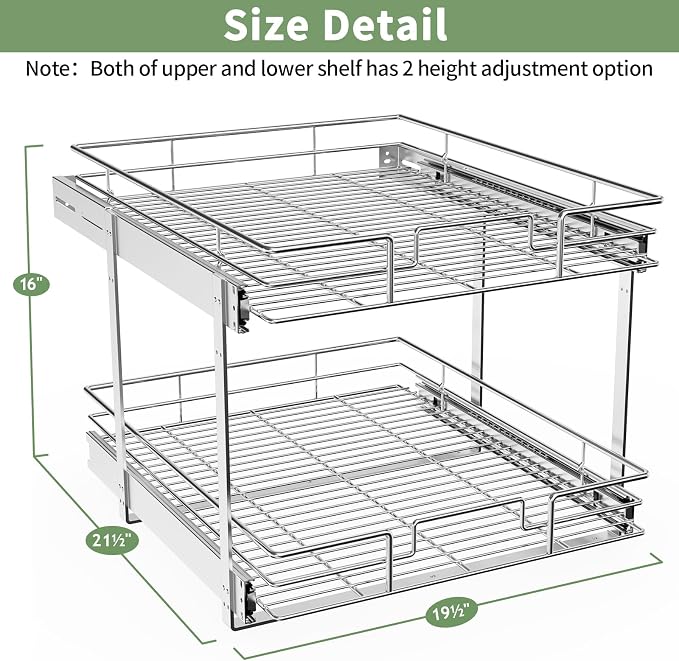 ROOMTEC Pull Out Cabinet Organizer (19½"W x 21½"D),2 Tier Pull Out Storage Shelf Drawer Basket,Sliding Shelves for Base Cabinet Organization in Kitchen, Bathroom, Pantry