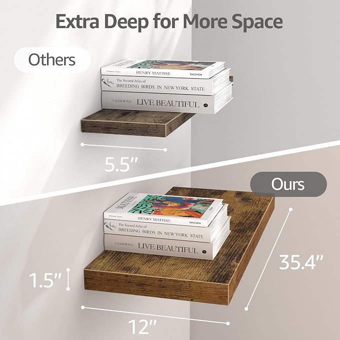 QEEIG 12" Deep Floating Shelves for Wall - 12 x 36 inch Book Shelf Bathroom Bedroom Kitchen Living Room Hanging Bookshelf Farmhouse Set of 3, Brown (026-90BN3)