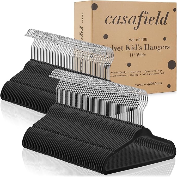 Casafield 100 Velvet Baby Hangers - 11" Size for Infant & Toddler Clothes - Black