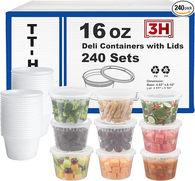 16 oz Food Storage Containers with Lids (240 Set/480 Piece) Small Deli Containers for Soup, Freezer Microwave Safe, BPA-Free Plastic, Stackable Snack Leakproof Leftover Organizers