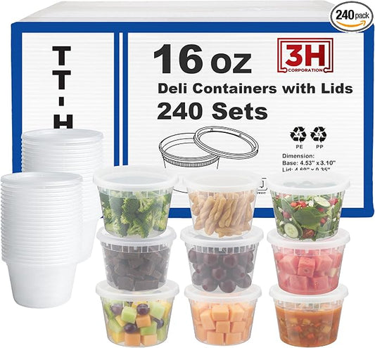 16 oz Food Storage Containers with Lids (240 Set/480 Piece) Small Deli Containers for Soup, Freezer Microwave Safe, BPA-Free Plastic, Stackable Snack Leakproof Leftover Organizers
