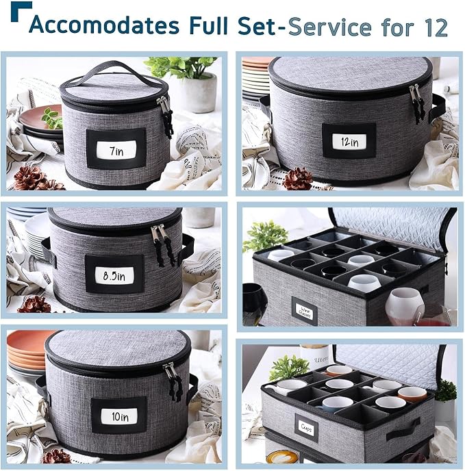 Fine China Storage Containers Hard Shell, 6 Piece Dish Storage Containers, Stackable Plate Storage Containers, Coffee Mug Storage and Wine Glass Storage Box with Dividers, Quilted Dish Organizers