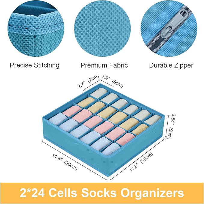 Joyoldelf Sock Organizer Drawer Organizer - 2 Packs Underwear Organizer, 24 Cells Collapsible Closet Organizers and Storage Sock Holders Organizers for Storing Socks, Ties, Belts(Blue)