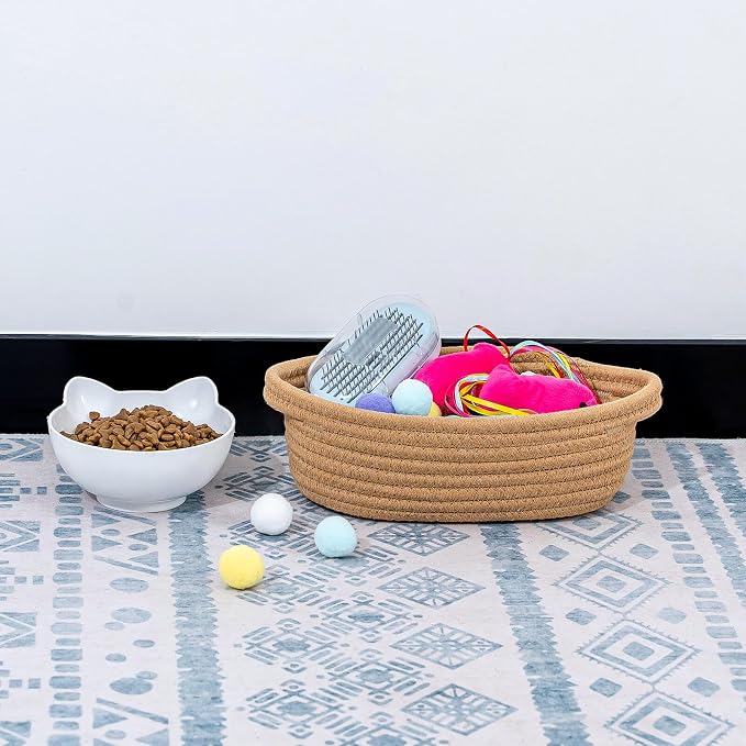 CubesLand Small Storage Basket Cotton Rope Organizer Baskets for Shelves | Set of 5 Decorative Closet Storage Bins with Handle for Countertop, Toilet Paper Basket for Toilet Tank Top, Brown Basket