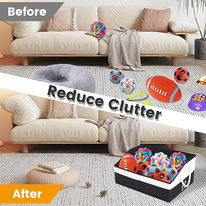 Large Dog Toy Basket with Handle, Foldable Dog Toy Box for Living Room Area , 20" Basket for Dog's Supplies, Organizer and Storage with Hard Board, Anti-Slip for Pet Toys (Black, Medium 20"×15")