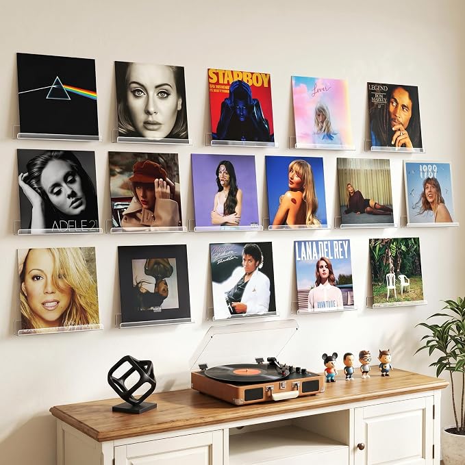 Gotega 16 Pack Vinyl Record Shelf Wall Mount, 12 inch Album Record Holder Display, Clear Acrylic Floating Shelves for Wall, Suitable for Bedroom, Living Room, Magazine Shelf, Kids Bookshelf, etc