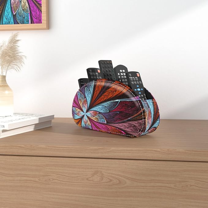 PU Leather Remote Caddy Desktop Organizer with 5 Spacious Compartments for TV Remotes/Media Controllers/Office Supplies (Fractal Flower)