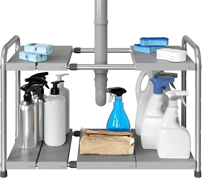 Simple Houseware Under Sink 2-Tier Heavy Duty Expandable Rack Organizer, Adjustable Width 15.75–25 Inches with 4 Shelf Height Levels, Silver