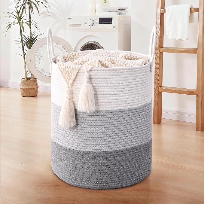 Laundry Hamper for Organizing, 52L Large Laundry Baskets, Cotton Rope Woven Blanket Basket, Collapsible Laundry Hamper for Living Room, Nursery, 15"×18", Gray