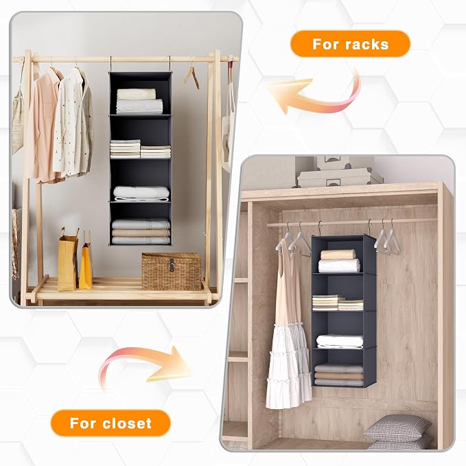 Hanging Closet Organizer 4-Shelf, Oxford Fabric Wardrobe Storage, Dark Grey | Easy-mount foldable design holds clothes, handbags, shoes & accessories; washable Oxford fabric, sturdy and space-saving.