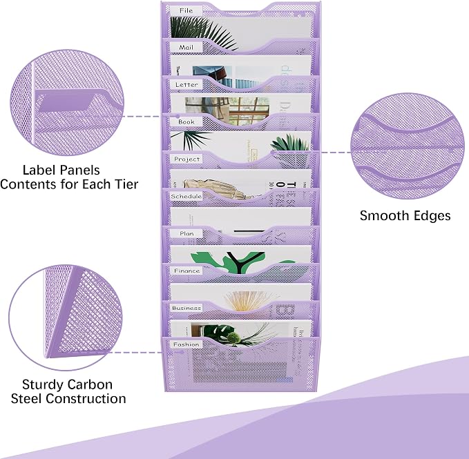 EasyPAG 10 Pocket Mesh Wall File Organizer, Hanging Paper Folder Holder with Classify Label, Vertical Wall Mount Mail Organizer for Office Home Classroom, Purple