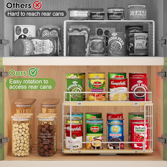 360° Lazy Susan Can Organizer, 2-Tier Rotating Metal Wire Wood Can Rack Holder, Kitchen Pantry Cabinet Countertop Turntable Storage Shelf, Hold 26 Soda Cans Food Beverage Cans Organizer, White