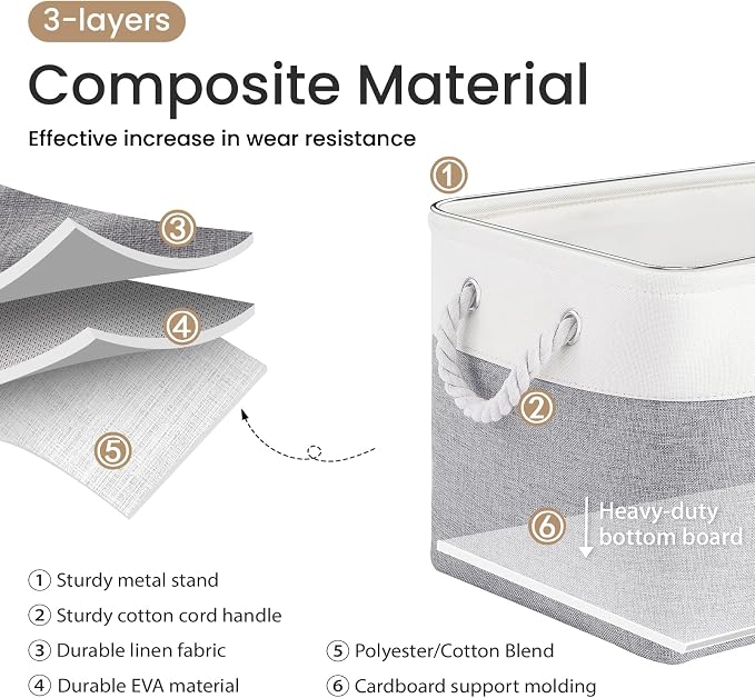 Large Storage Baskets- 15x11x10 inch Storage Bins for Shelves and Closet Organizing, Foldable Fabric Bin for Home Organization Clothes and Laundry (6-Pack, White&Gray)
