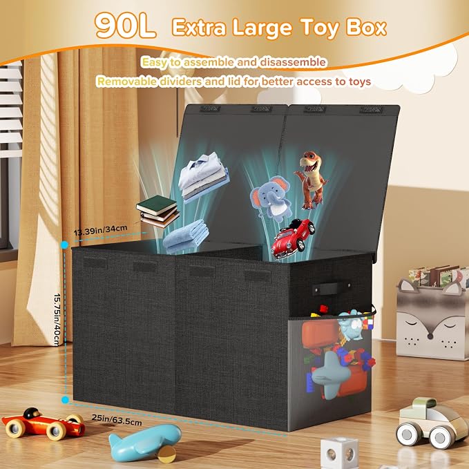 Large Toy Box Chest, Collapsible Sturdy Toy Storage Organizer Boxes Bins Baskets Dinosaur Kids Toy Chest Bin with Lids for Boys Girls Living Room Playroom Bedroom Nursery 25"x14"x16" Black