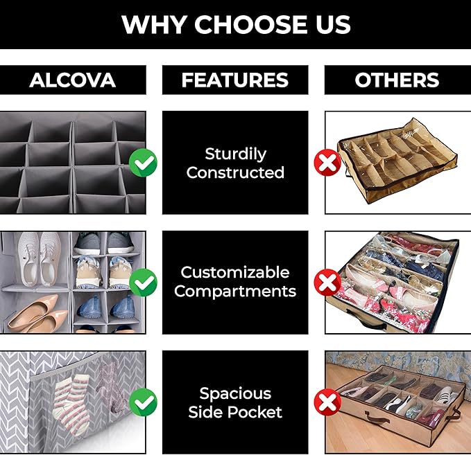 ALCOVA Shoe Organizer for Closet, Shoe Storage Box with Clear Cover, Foldable Shoe Storage Box, Fits up to 12-16 Pairs, Gray